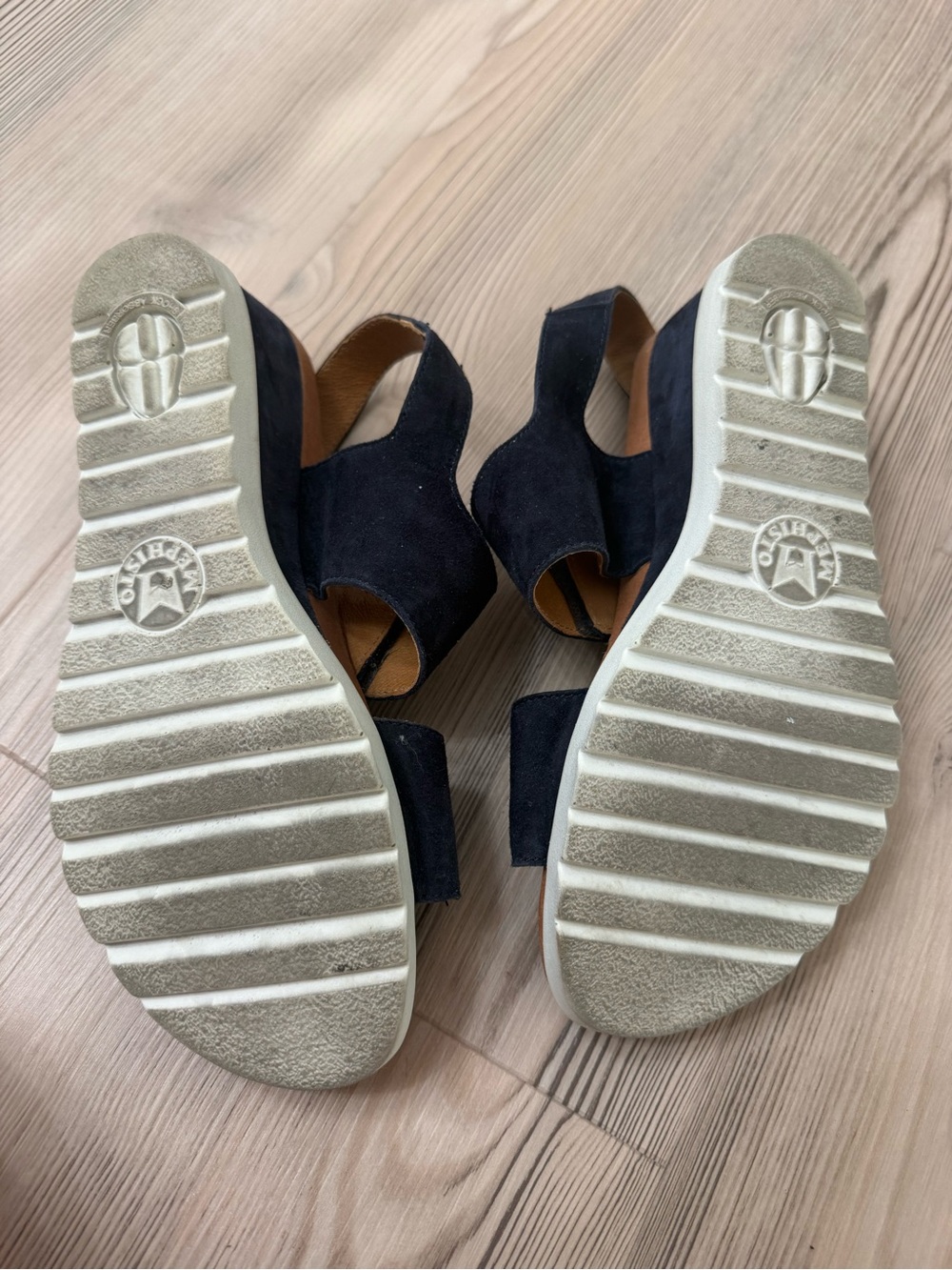 Mephisto Navy Cork Wedge Sandal with Gold Buckles - Picture 6 of 6